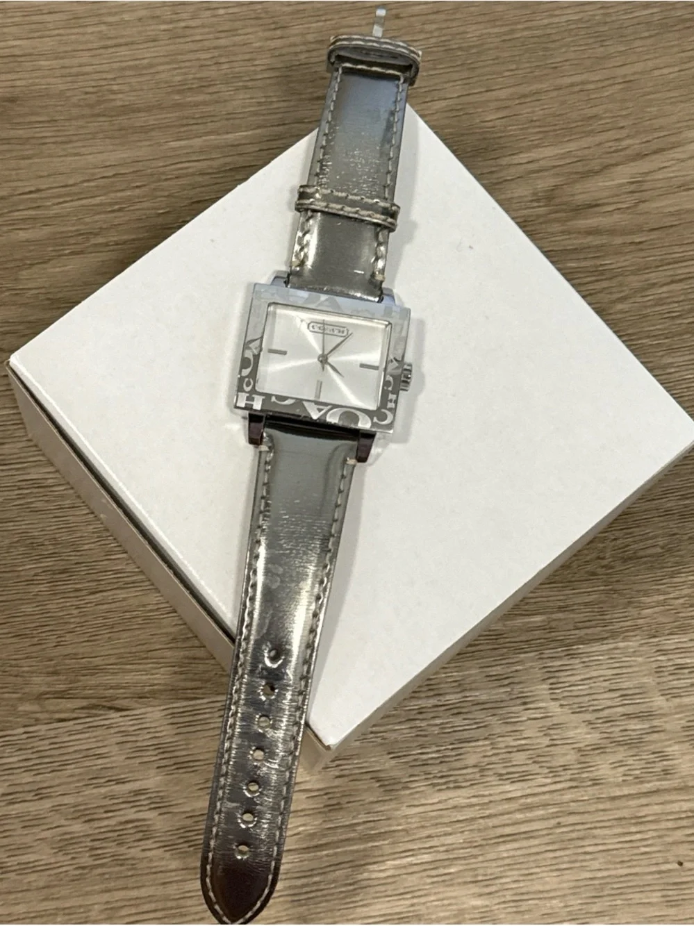Coach Silver-Tone Square Dial Leather Strap Watch